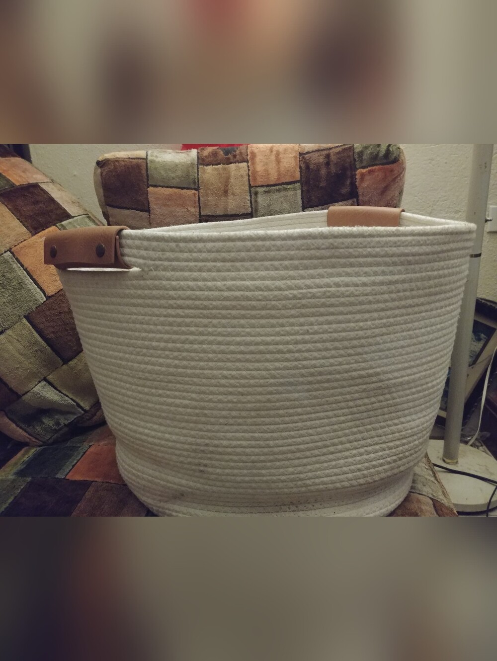 White Rope Storage Basket with Brown Handles